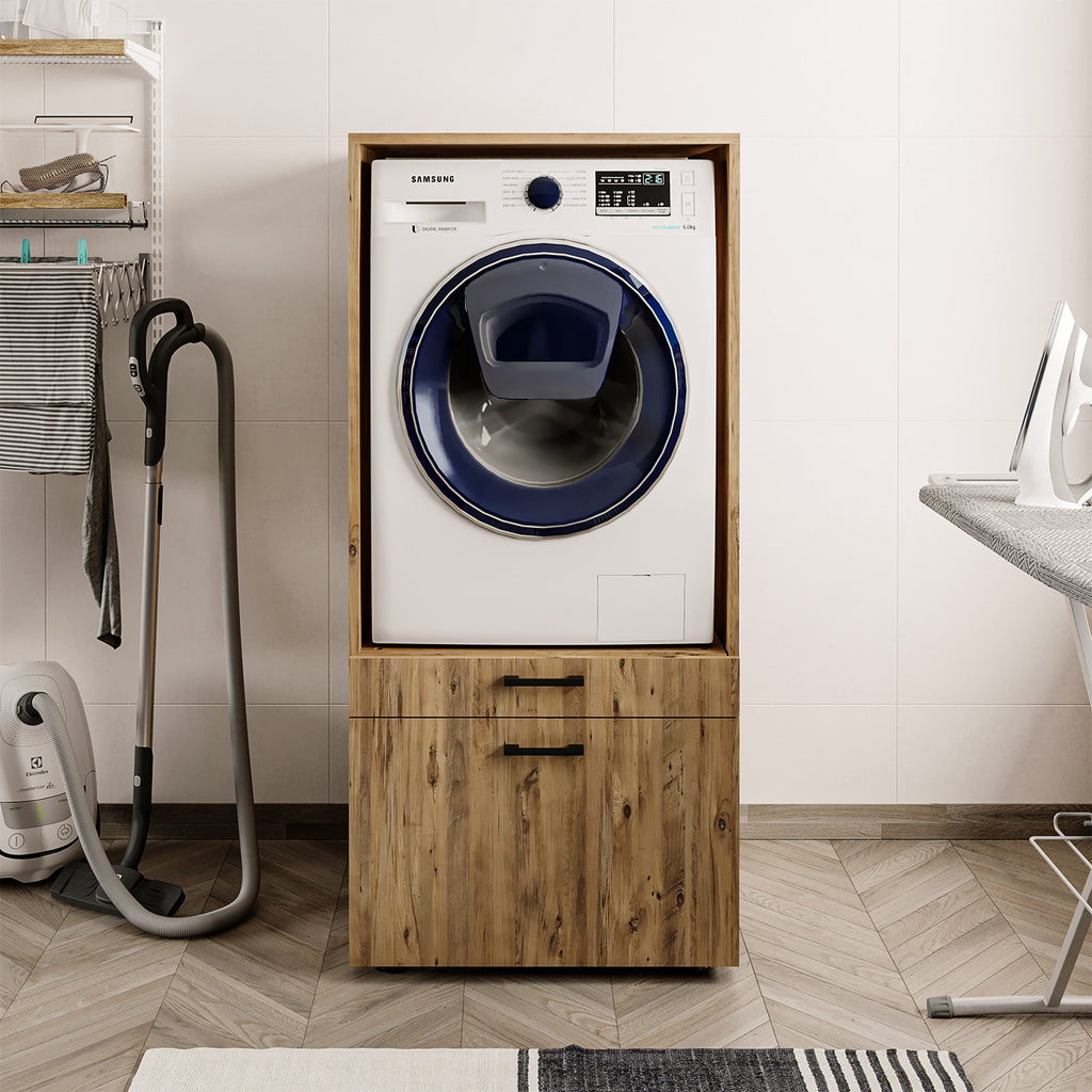 Roomart • Waschmachinenschrank für Hauswirtschaftsraum • HBT: 145x67x66,8 cm • Mit Schubladen und Ausziehbrett • Weiß • Schwarz eiche  • Eiche