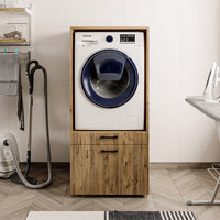 Roomart • Waschmachinenschrank für Hauswirtschaftsraum • HBT: 145x67x66,8 cm • Mit Schubladen und Ausziehbrett • Weiß • Schwarz eiche  • Eiche
