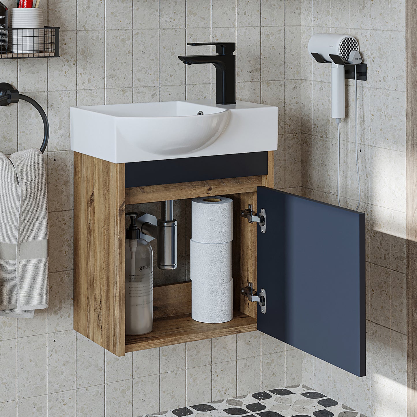 Roomart Waschtischunterschrank LEO mit Keramik-Waschbecken – Gäste-WC Badmöbel – Wasserhahn rechts