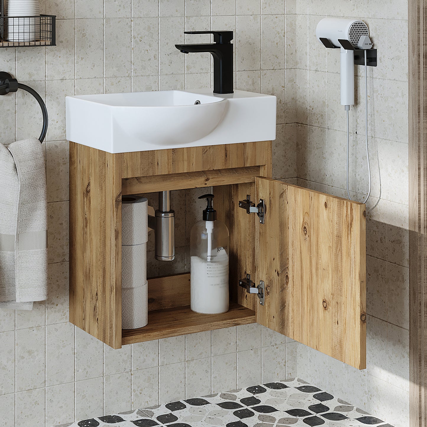 Roomart Waschtischunterschrank LEO mit Keramik-Waschbecken – Gäste-WC Badmöbel – Wasserhahn rechts