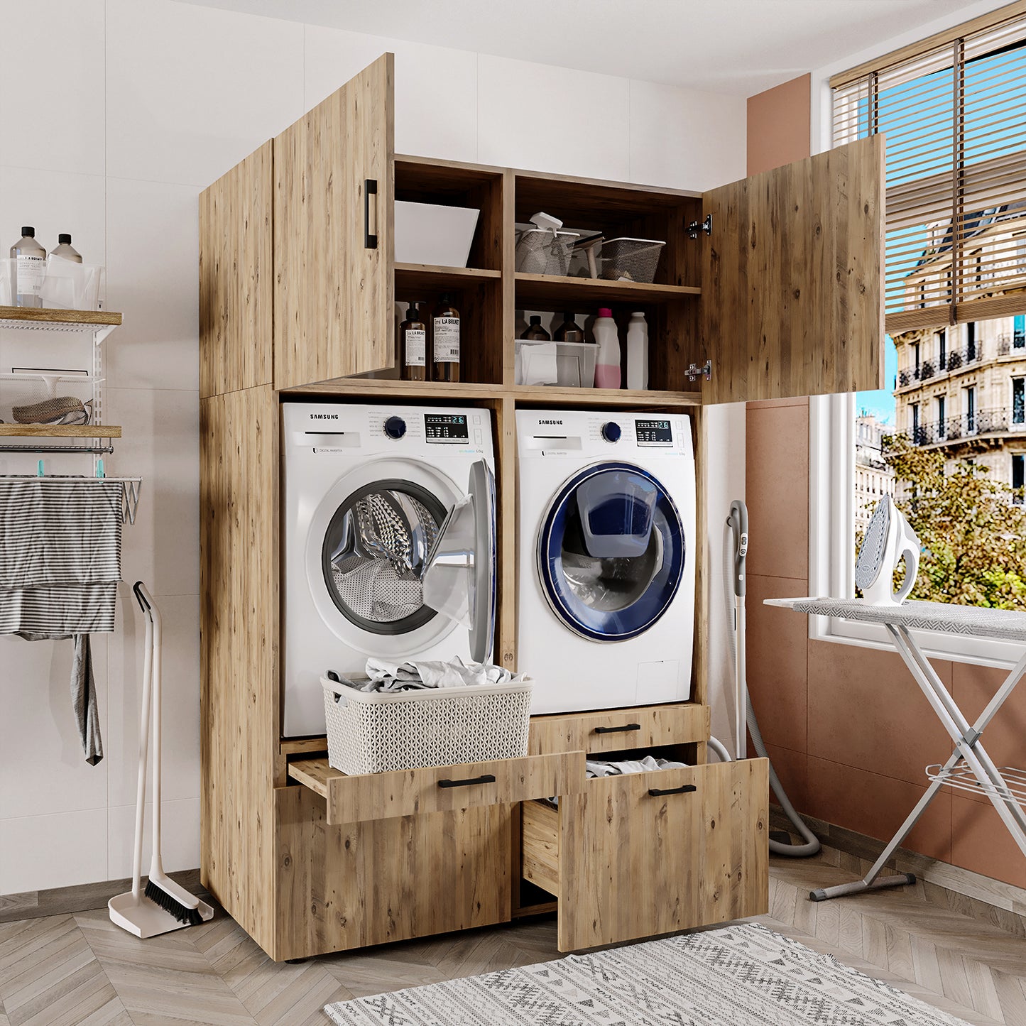 Roomart  Waschmachinen Doppelschrrank Überbauschrank (SERIE 2) - 2 Größenoptionen- HBT: 205 x 134 x 66,8 cm, HBT: 240 x 134 x 66,8 cm, in 3 Farben