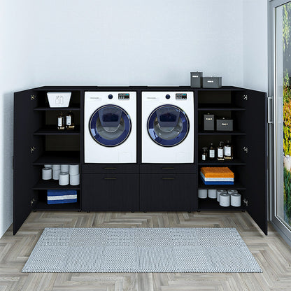 Roomart Waschmashinenshcrank für Trockner und Waschmaschine • Weiß • Schwarz eiche - schrank waschmaschine, bosch wtw875w0, waschmaschienenüberschrank, waschtowerschrank, wasserkistenregal, washing machine cabinet, wt47w5w0, washing machine heart, bodenwa