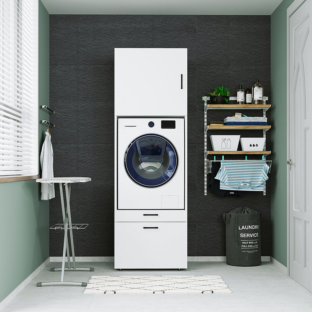 Roomart Waschmaschinenschrank mit Schrankaufsatz • mit Ausziehbrett • Weiß  • Schwarz eiche • Eiche