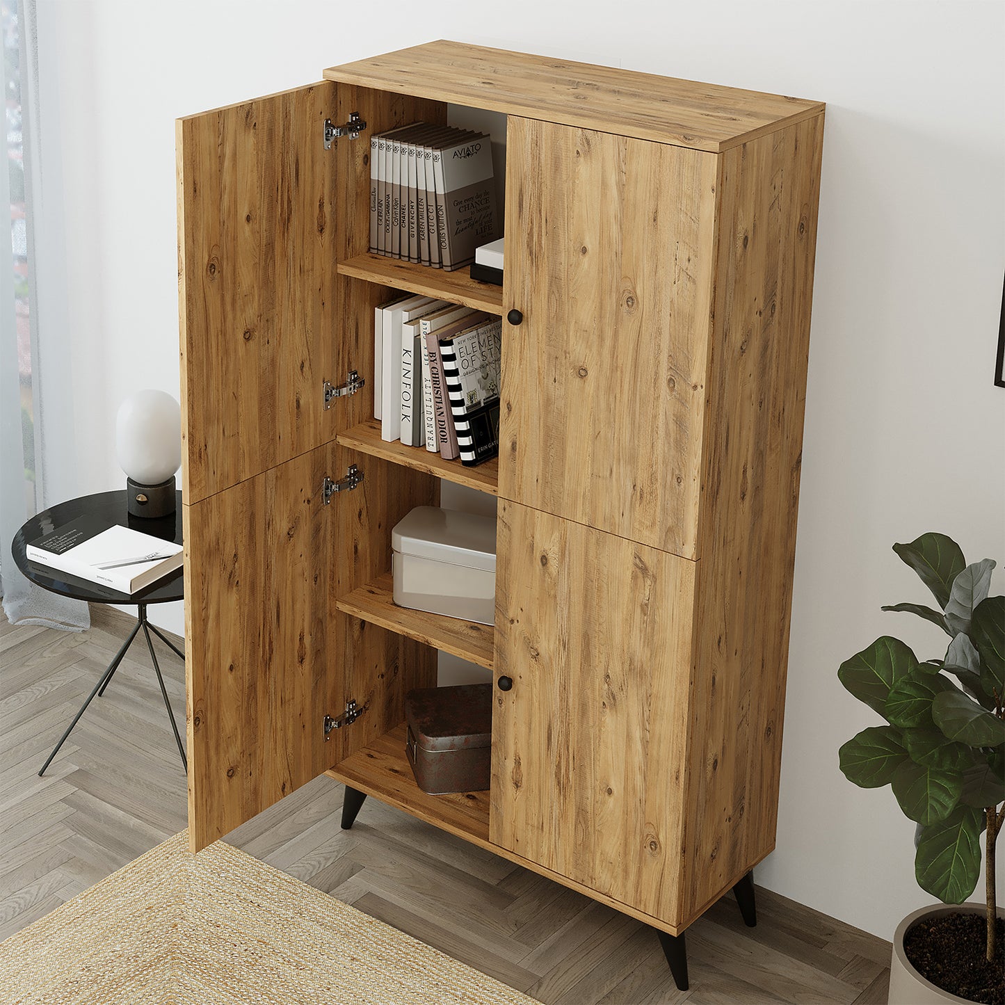 Roomart RETRA-02 Mehrzweckschrank / Bücherschrank mit Türen – 4 Fächer, 3 Regalböden – 165 x 85 x 37 cm (H x B x T) – Aufbewahrungsschrank für Wohnzimmer, Kinderzimmer oder Büro – Eiche