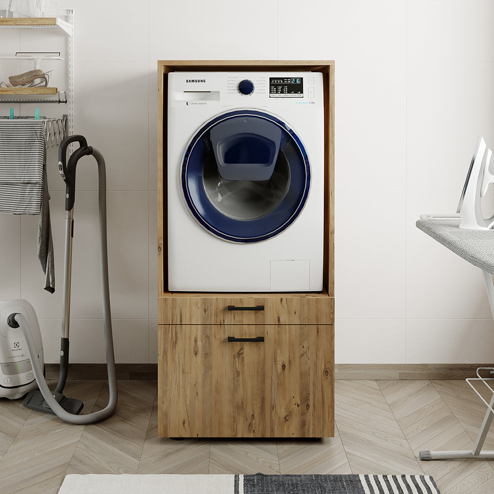 Meuble machine à laver Roomart avec plateau coulissant &amp; tiroir HWD : 145x67x65 cm • Blanc • Chêne noir