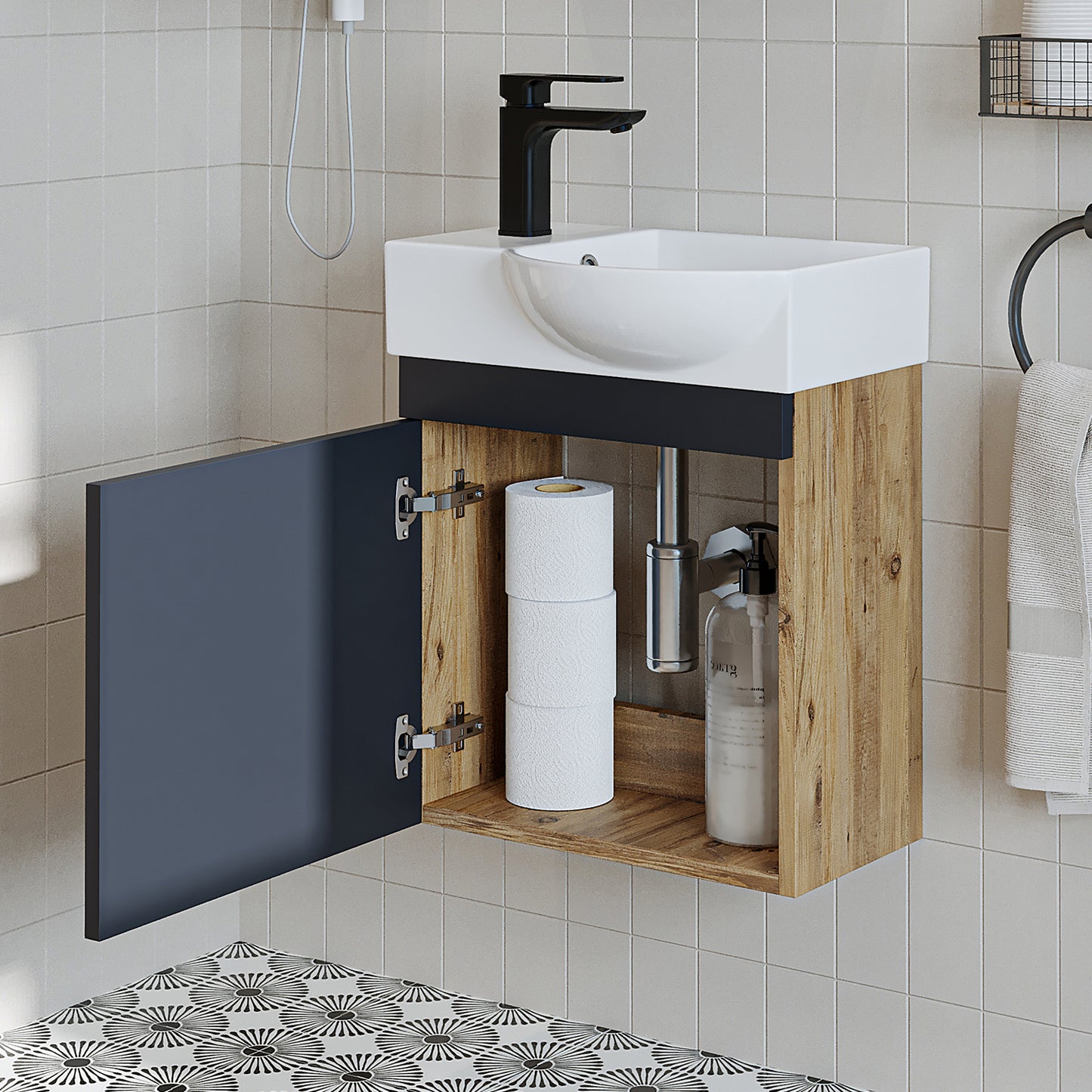 Roomart Waschtischunterschrank PUNTO mit Keramik-Waschbecken – Gäste-WC Badmöbel – Wasserhahn links