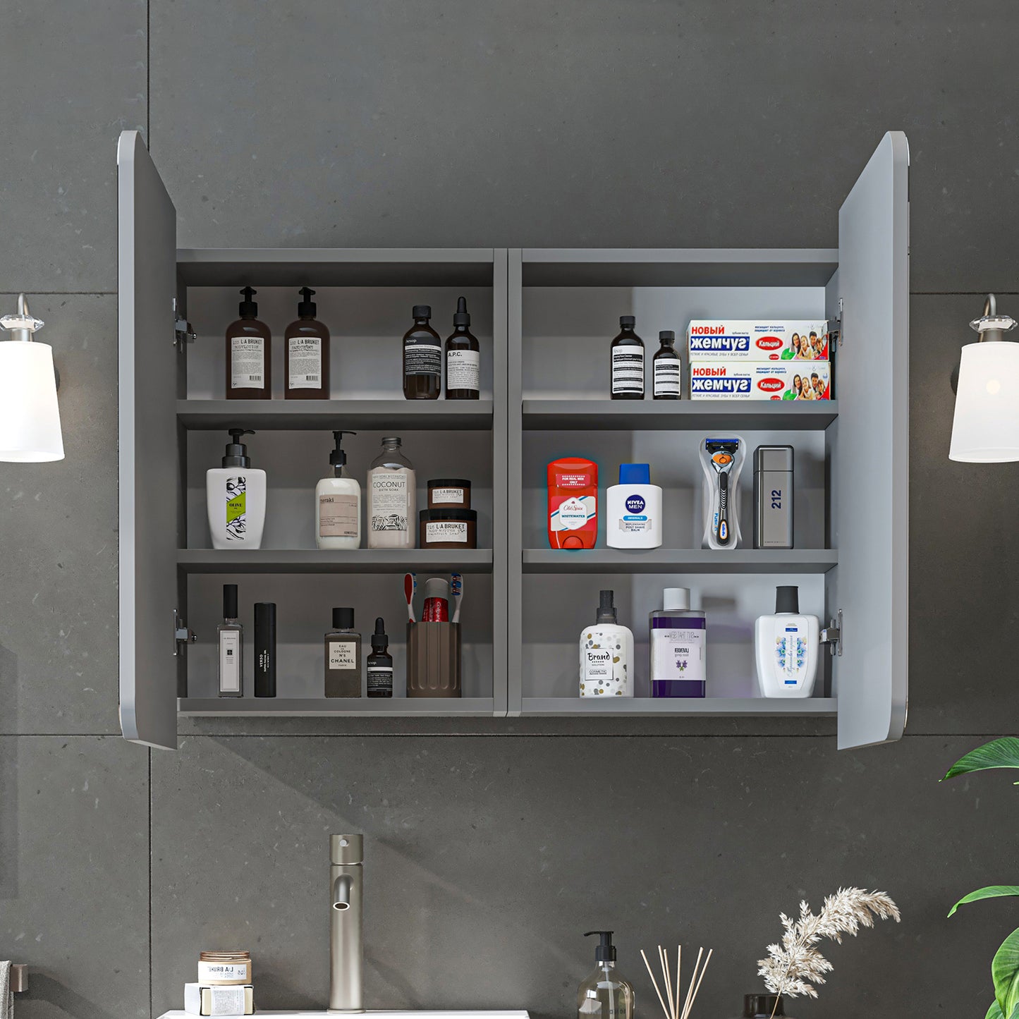 Roomart 3-teiliges Badmöbel-Set LYCIA, 49 cm, Waschtisch, Spiegelschrank und Hochschrank, in 4 Farben