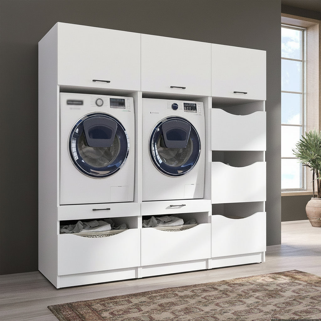 Roomart Waschmaschinenschrank SERIE-2 für 2 Maschinen mit Putzschrank, 198 cm, in 2 Farben