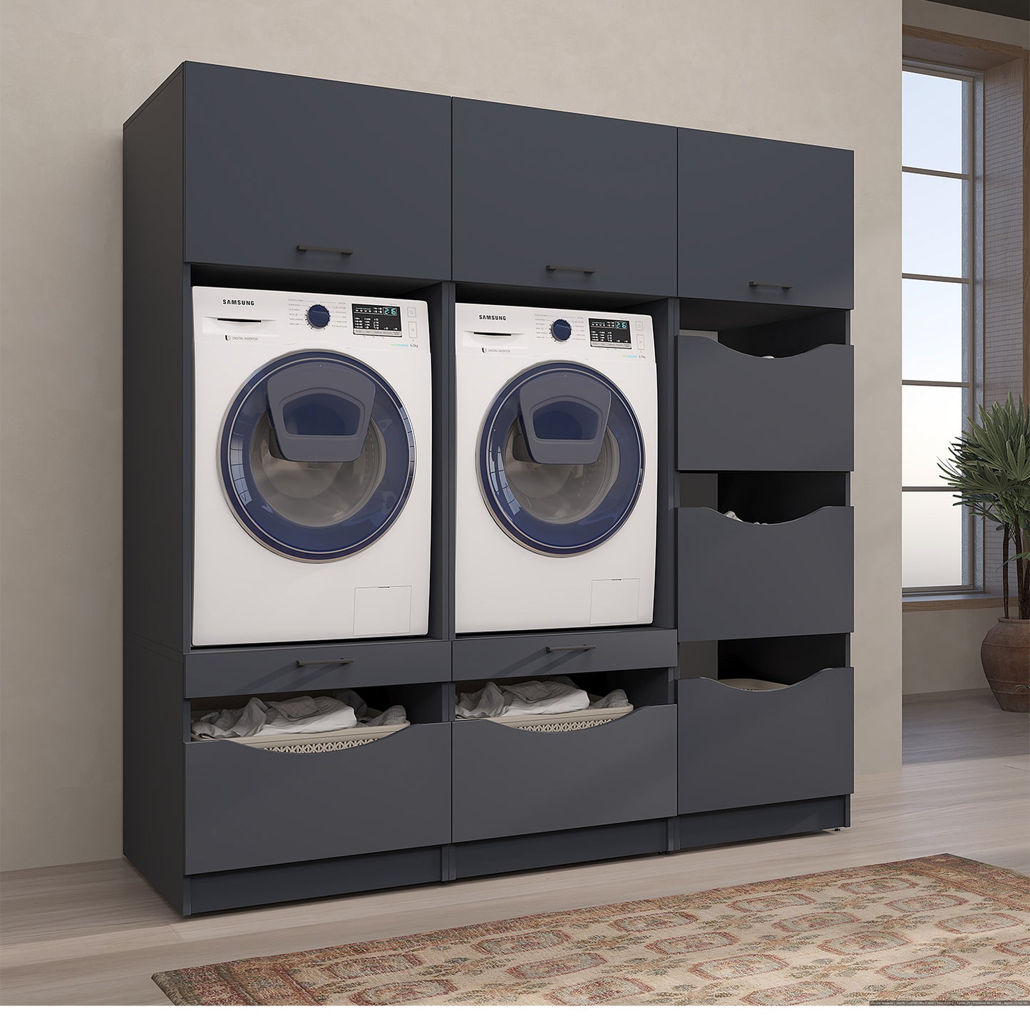 Roomart Waschmaschinenschrank SERIE-2 für 2 Maschinen mit Putzschrank, 198 cm, in 2 Farben