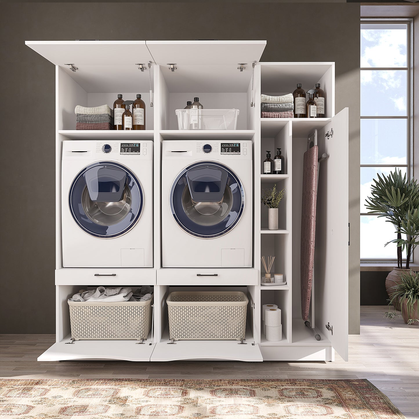 Roomart Waschmaschinenschrank SERIE-2 für 2 Maschinen mit Putzschrank, 198 cm, in 2 Farben