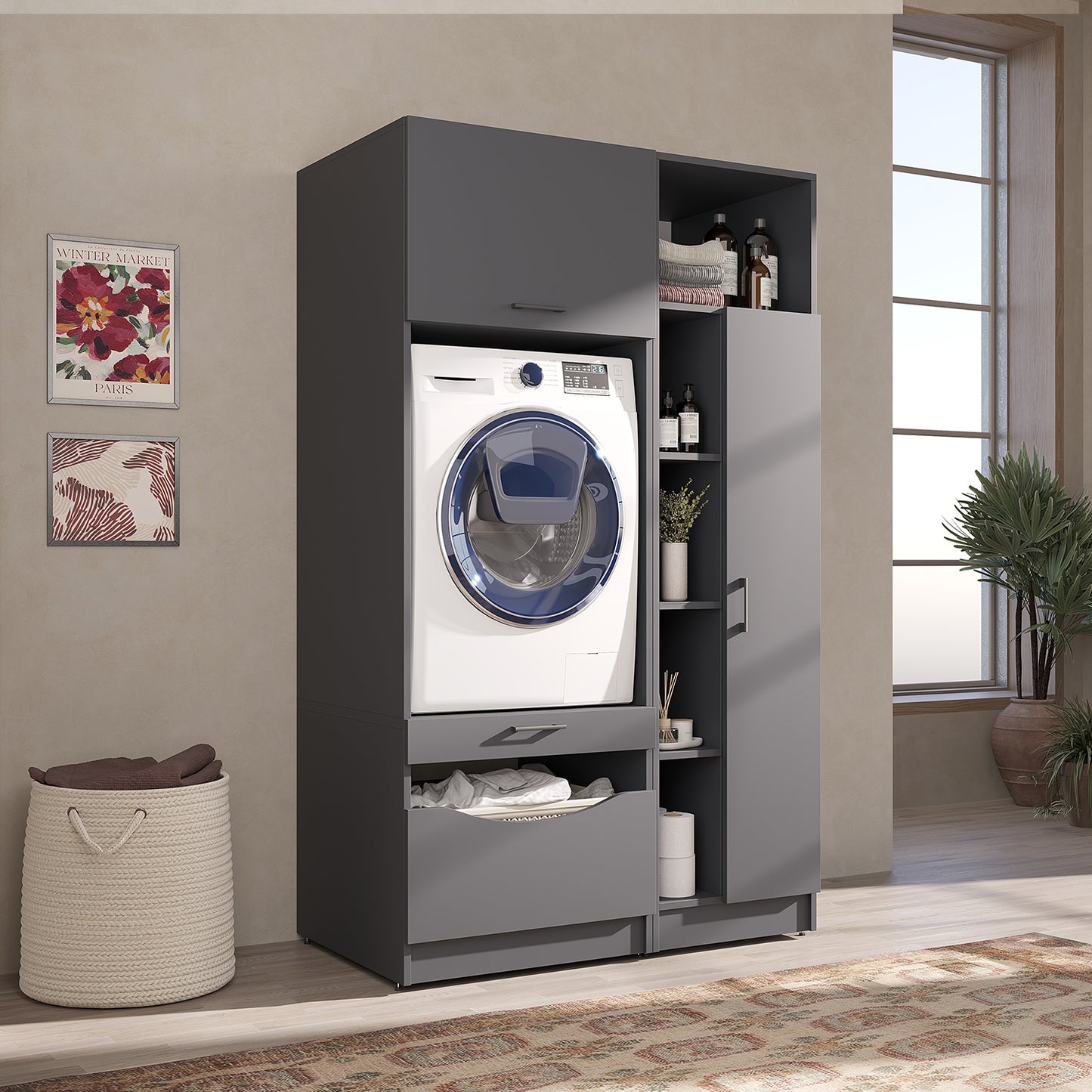 Roomart Waschmaschinenschrank SERIE-2 mit Hochschrank und Langfach, 132 cm, in 2 Farben