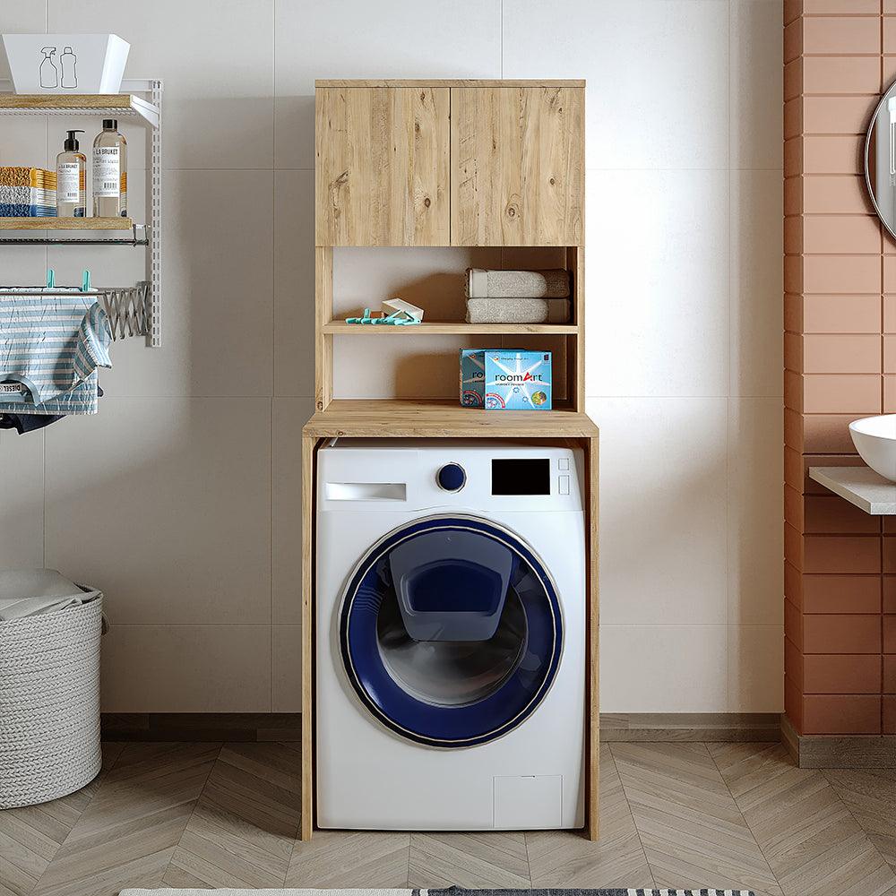Roomart, Szafka łazienkowa pod pralkę Atlantic, nadbudowa pod pralkę, WDH: 65 x 181 x 60 cm, w kolorze dąb bielony, dąb antracyt - meble łazienkowe, zestaw, odpływ, umywalka, łazienka, meble, łazienka, szafka pod umywalkę, cm, szeroka, nowoczesna, umywalka, głęboka, m