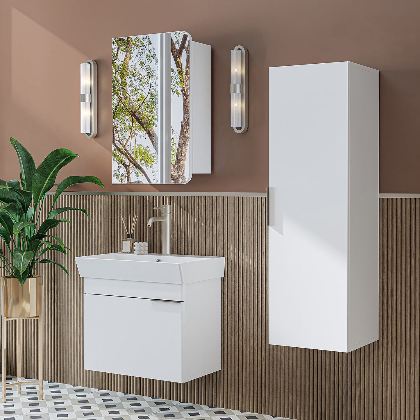 Roomart Badmöbel Set LYCIA 60 cm – 4-teiliges Badezimmermöbel-Set mit Keramik-Waschbecken, Spiegelschrank & Seitenschrank – Badmöbel in 4 Farben