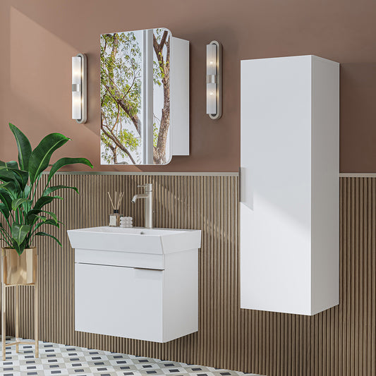 Roomart Badmöbel Set LYCIA 60 cm – 4-teiliges Badezimmermöbel-Set mit Keramik-Waschbecken, Spiegelschrank & Seitenschrank – Badmöbel in 4 Farben