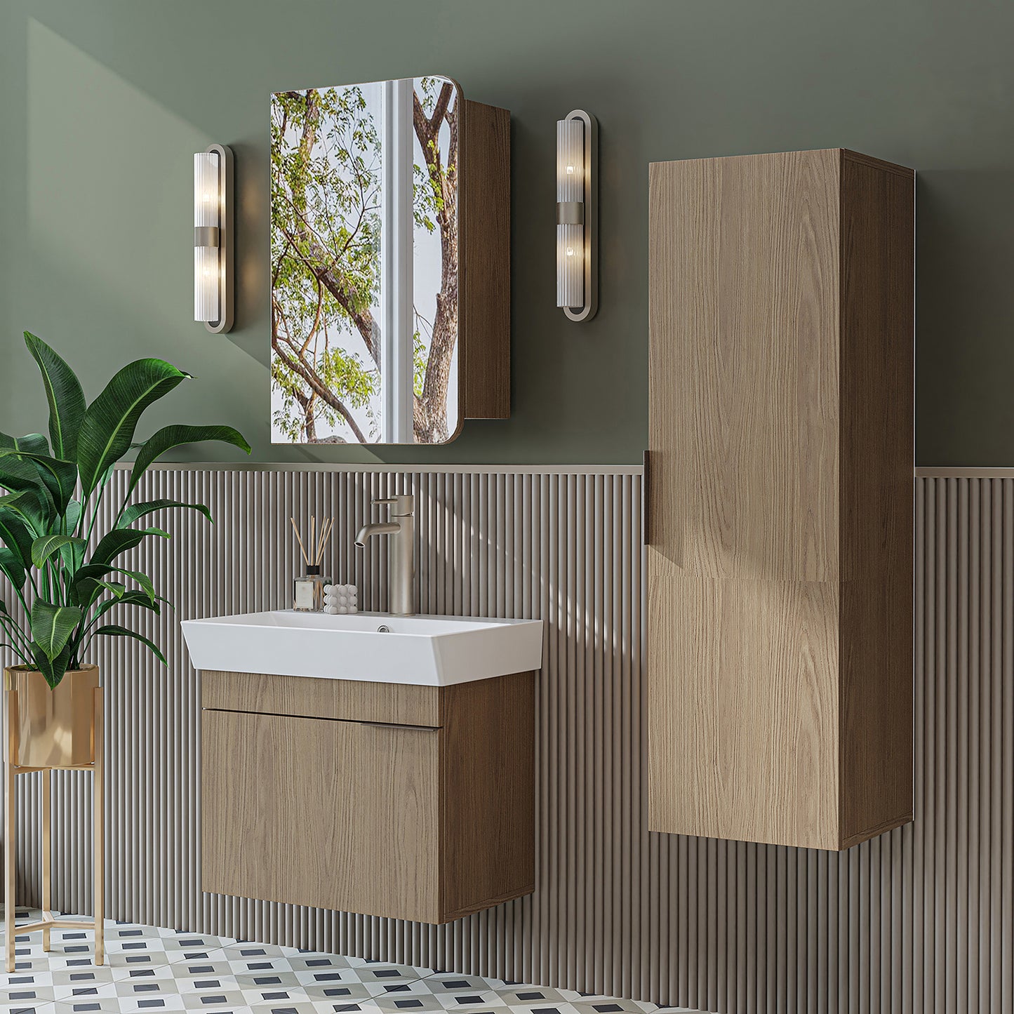 Roomart Badmöbel Set LYCIA 60 cm – 4-teiliges Badezimmermöbel-Set mit Keramik-Waschbecken, Spiegelschrank & Seitenschrank – Badmöbel in 4 Farben