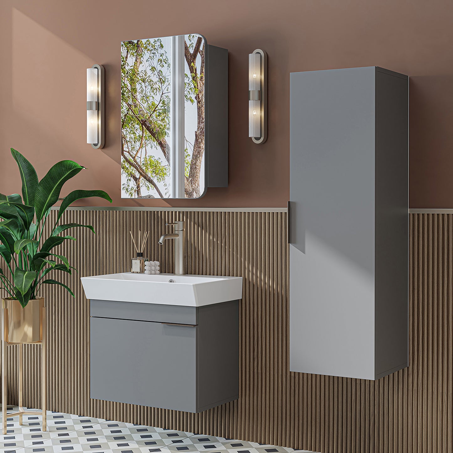 Roomart Badmöbel Set LYCIA 60 cm – 4-teiliges Badezimmermöbel-Set mit Keramik-Waschbecken, Spiegelschrank & Seitenschrank – Badmöbel in 4 Farben