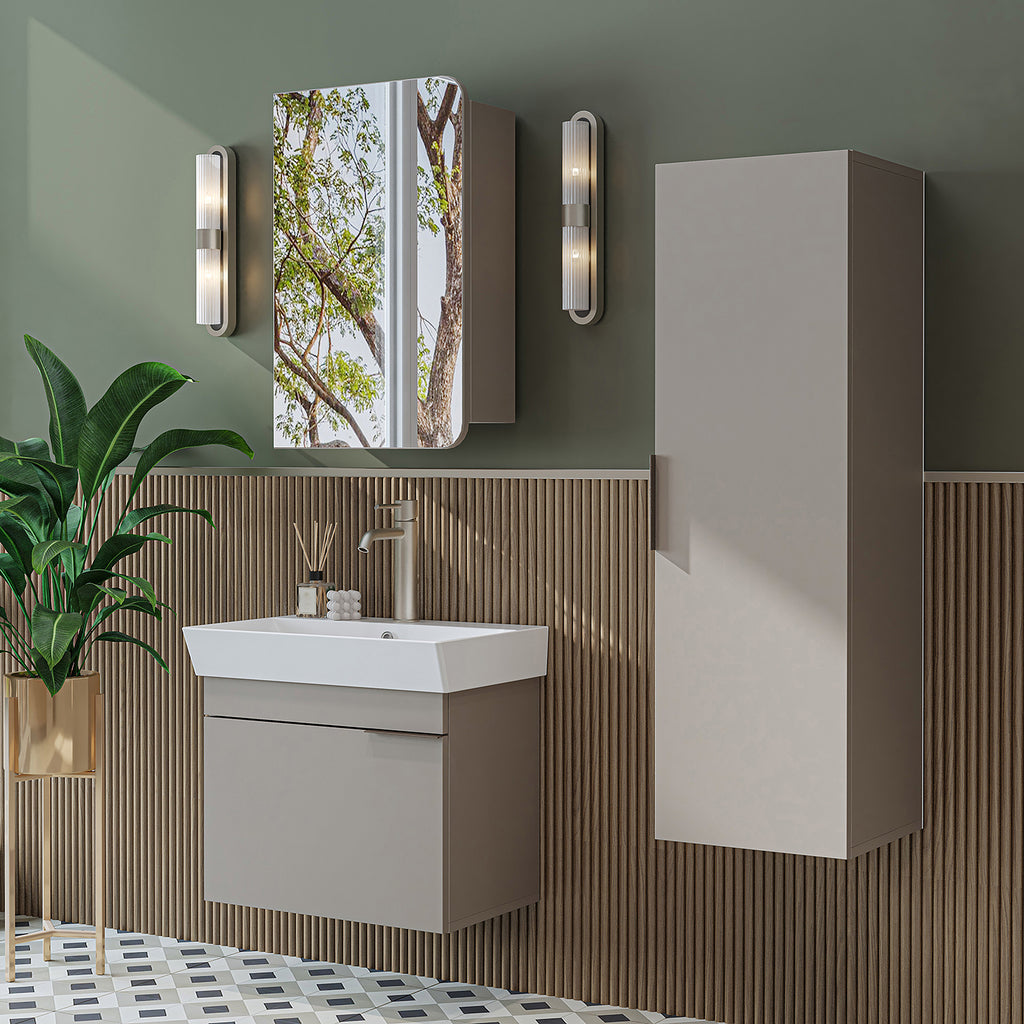 Roomart Badmöbel Set LYCIA 60 cm – 4-teiliges Badezimmermöbel-Set mit Keramik-Waschbecken, Spiegelschrank & Seitenschrank – Badmöbel in 4 Farben