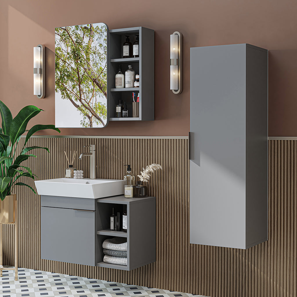 Roomart Badmöbel Set LYCIA 72 cm – 4-teiliges Badezimmermöbel-Set mit Keramik-Waschbecken, Spiegelschrank & Seitenschrank – Badmöbel in 4 Farben