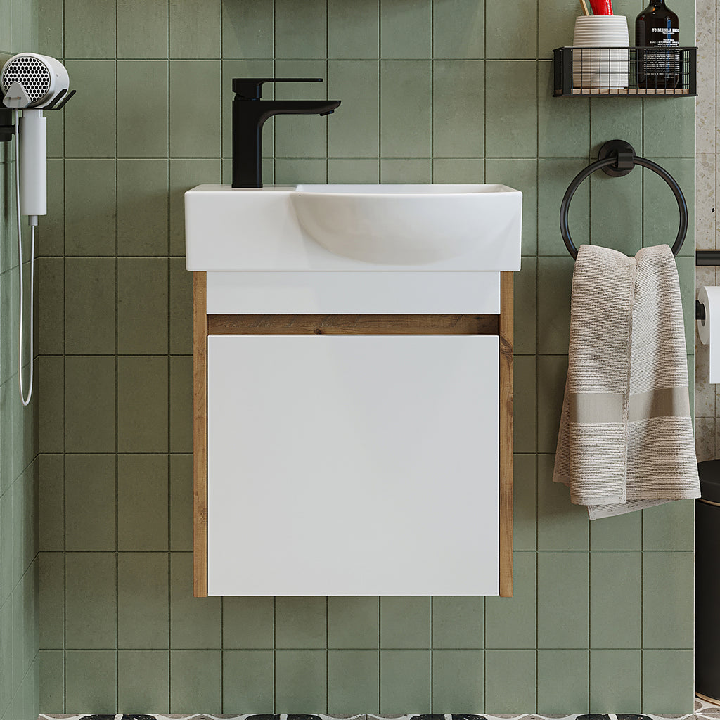 Roomart Waschtischunterschrank LEO mit Keramik-Waschbecken – Gäste-WC Badmöbel – Wasserhahn links