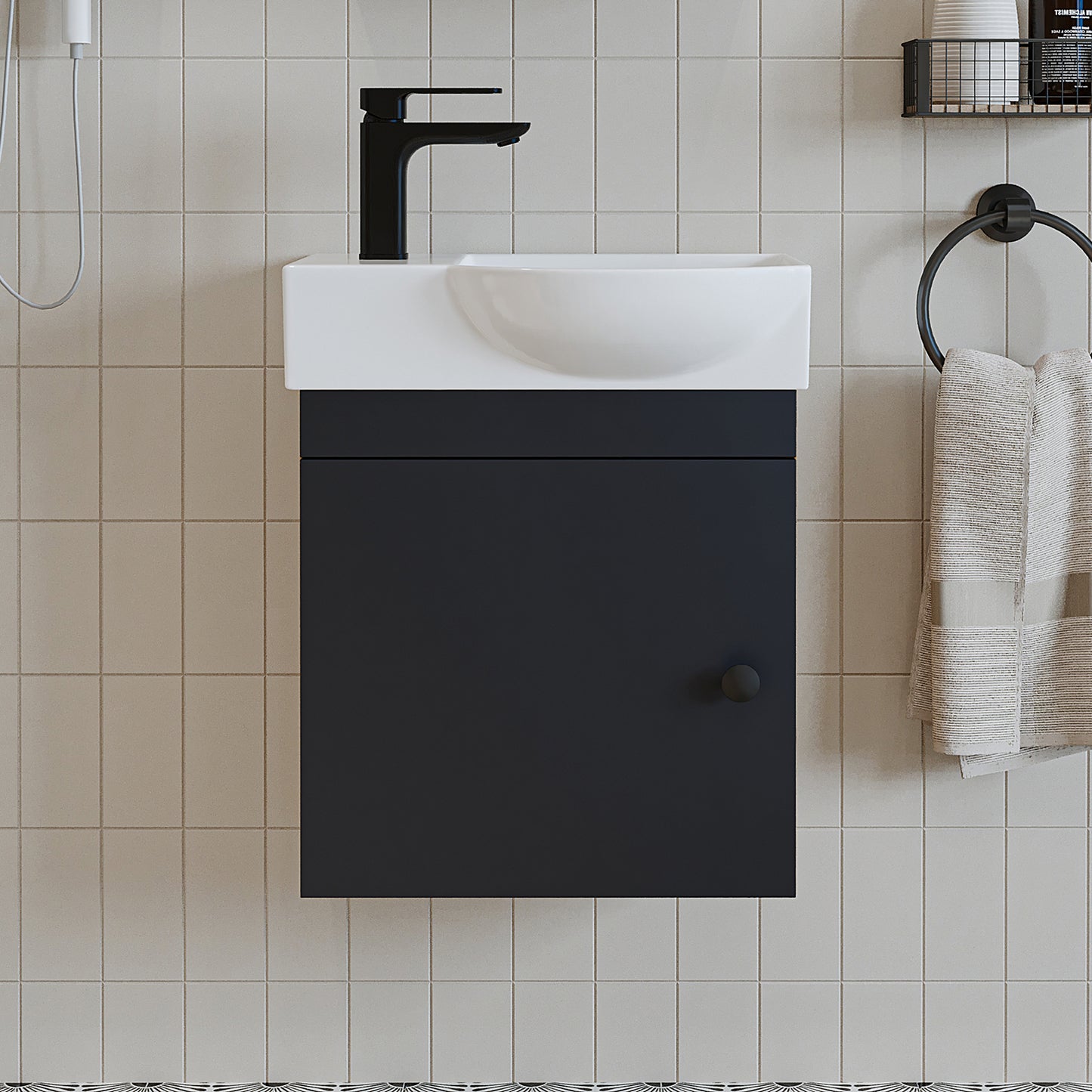 Roomart Waschtischunterschrank PUNTO mit Keramik-Waschbecken – Gäste-WC Badmöbel – Wasserhahn links
