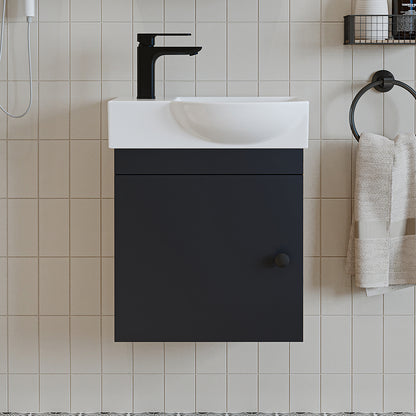 Roomart Waschtischunterschrank PUNTO mit Keramik-Waschbecken – Gäste-WC Badmöbel – Wasserhahn links