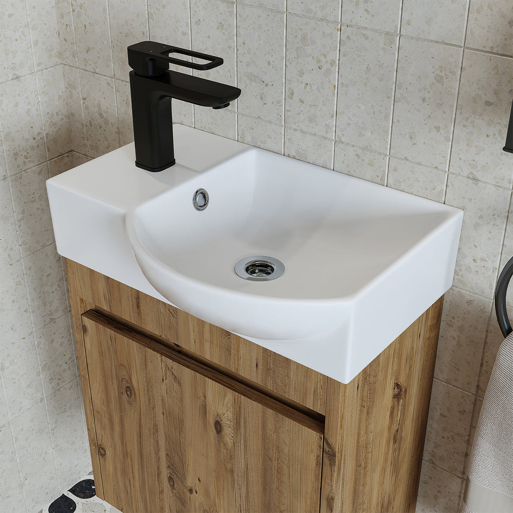 Roomart Waschtischunterschrank LEO mit Keramik-Waschbecken – Gäste-WC Badmöbel – Wasserhahn links