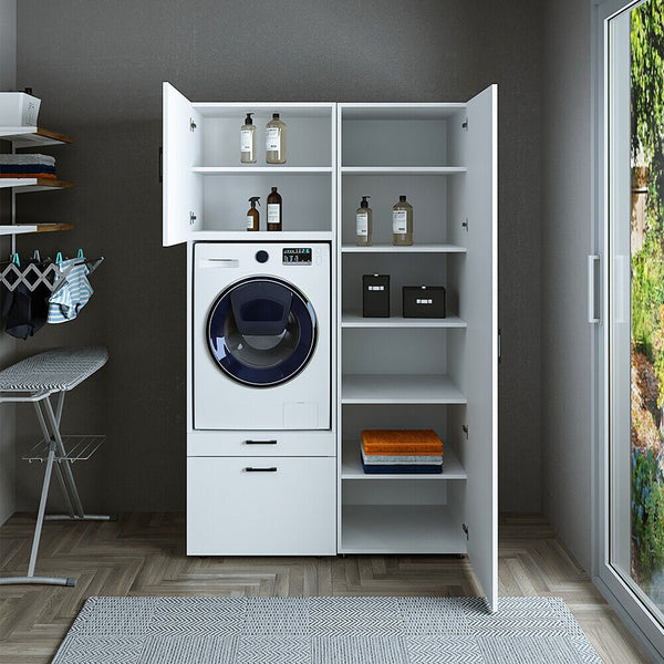 Roomart Schrankwand & Hochschrank Weiß Schwaz Eiche Badschrank Mehrzweckschrank