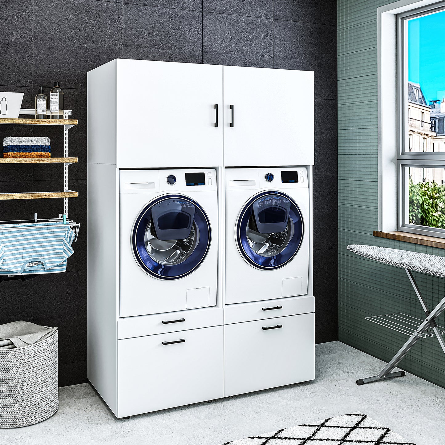 Roomart  Waschmachinen Doppelschrrank Überbauschrank (SERIE 2) - 2 Größenoptionen- HBT: 205 x 134 x 66,8 cm, HBT: 240 x 134 x 66,8 cm, in 3 Farben