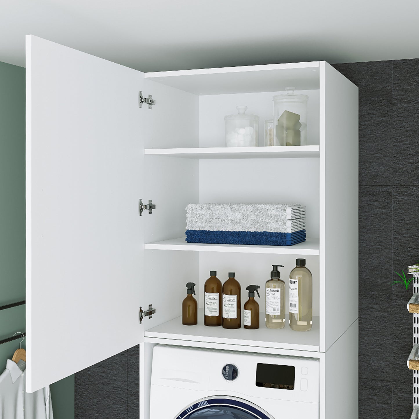 Roomart Waschmaschinenschrank mit Schrankaufsatz • mit Ausziehbrett • Weiß  • Schwarz eiche • Eiche