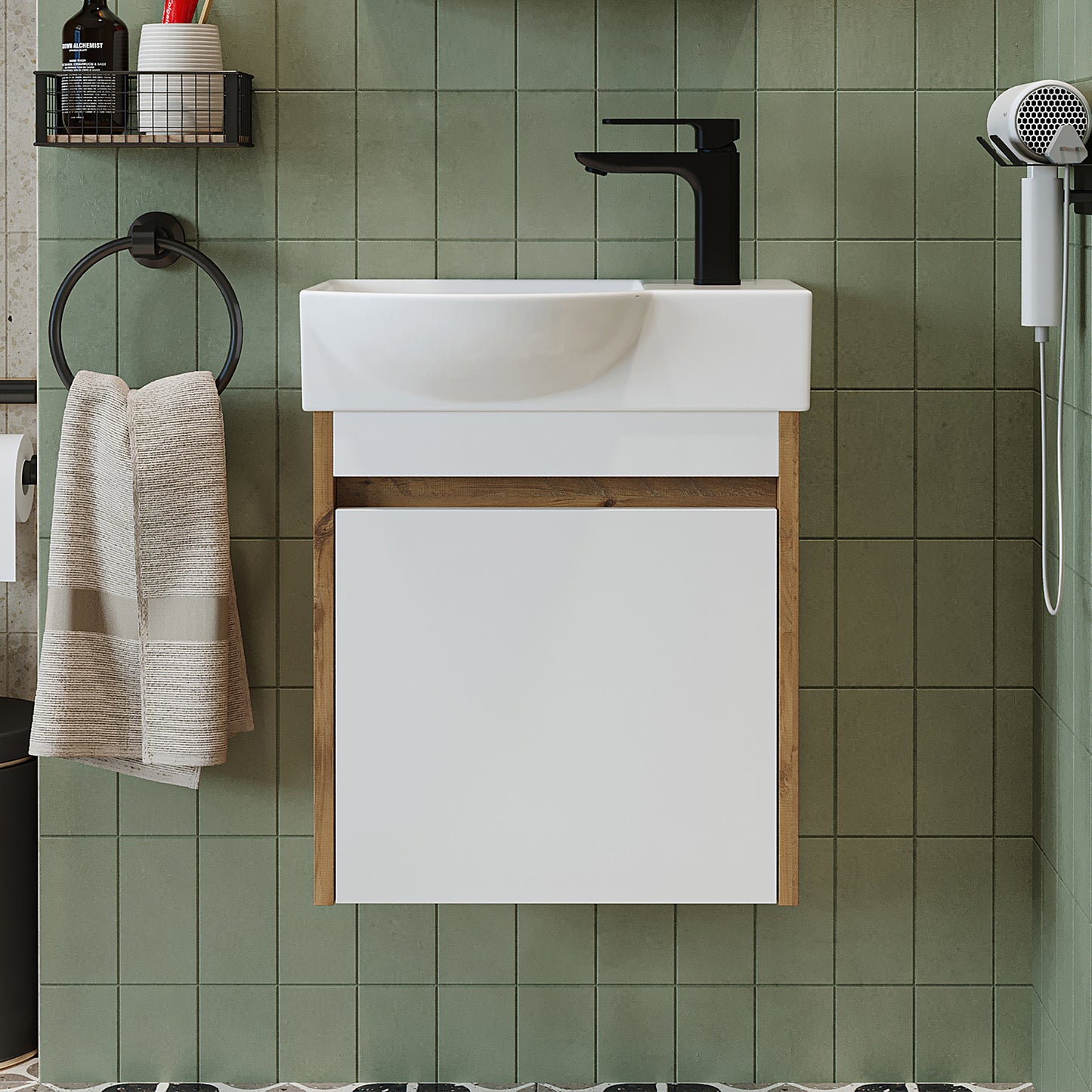 Roomart Waschtischunterschrank LEO mit Keramik-Waschbecken – Gäste-WC Badmöbel – Wasserhahn rechts