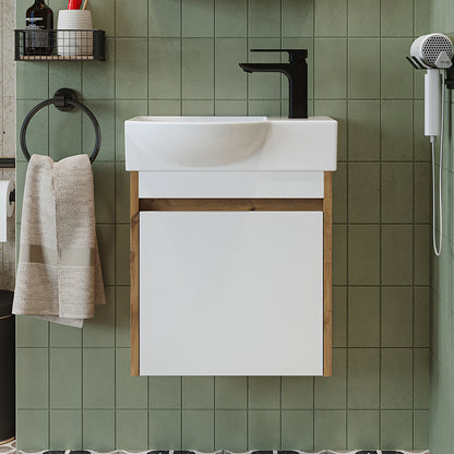 Roomart Waschtischunterschrank LEO mit Keramik-Waschbecken – Gäste-WC Badmöbel – Wasserhahn rechts