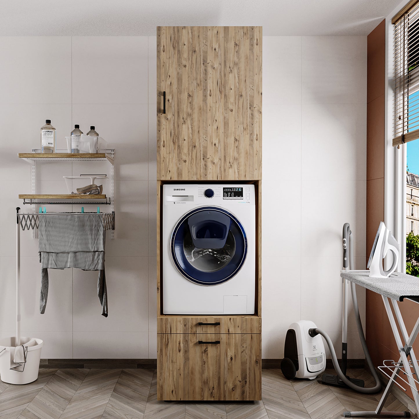 Roomart Waschmaschinenschrank mit Schrankaufsatz • mit Ausziehbrett • Weiß  • Schwarz eiche • Eiche