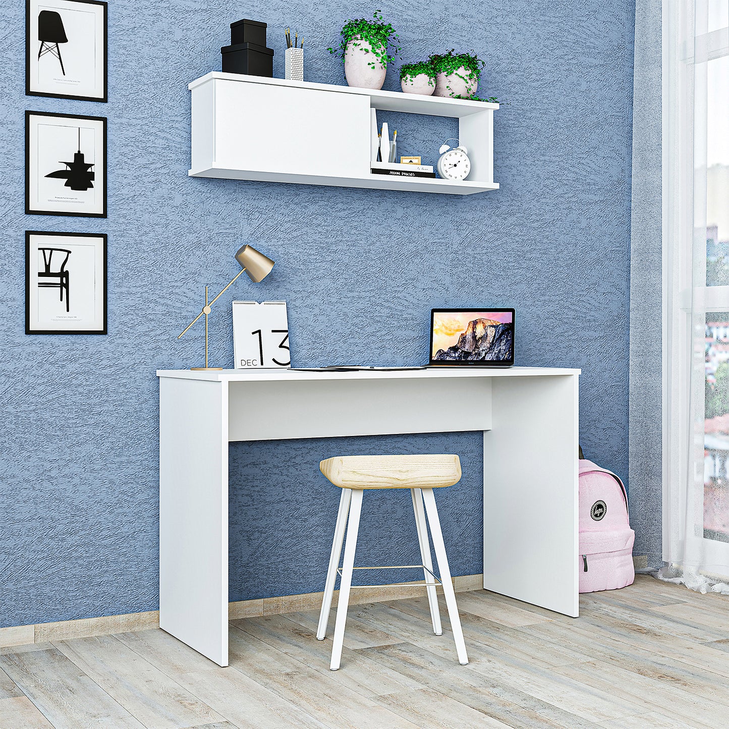 Roomart SERA Schreibtisch 120x50x77 cm mit Wandmontierbarem Aufbewahrungsschrank – Regal-Schrankschreibtisch, Laptoptisch & Arbeitstisch – Weiß – Ideal für Kinderzimmer, Home-Office & Arbeitszimmer