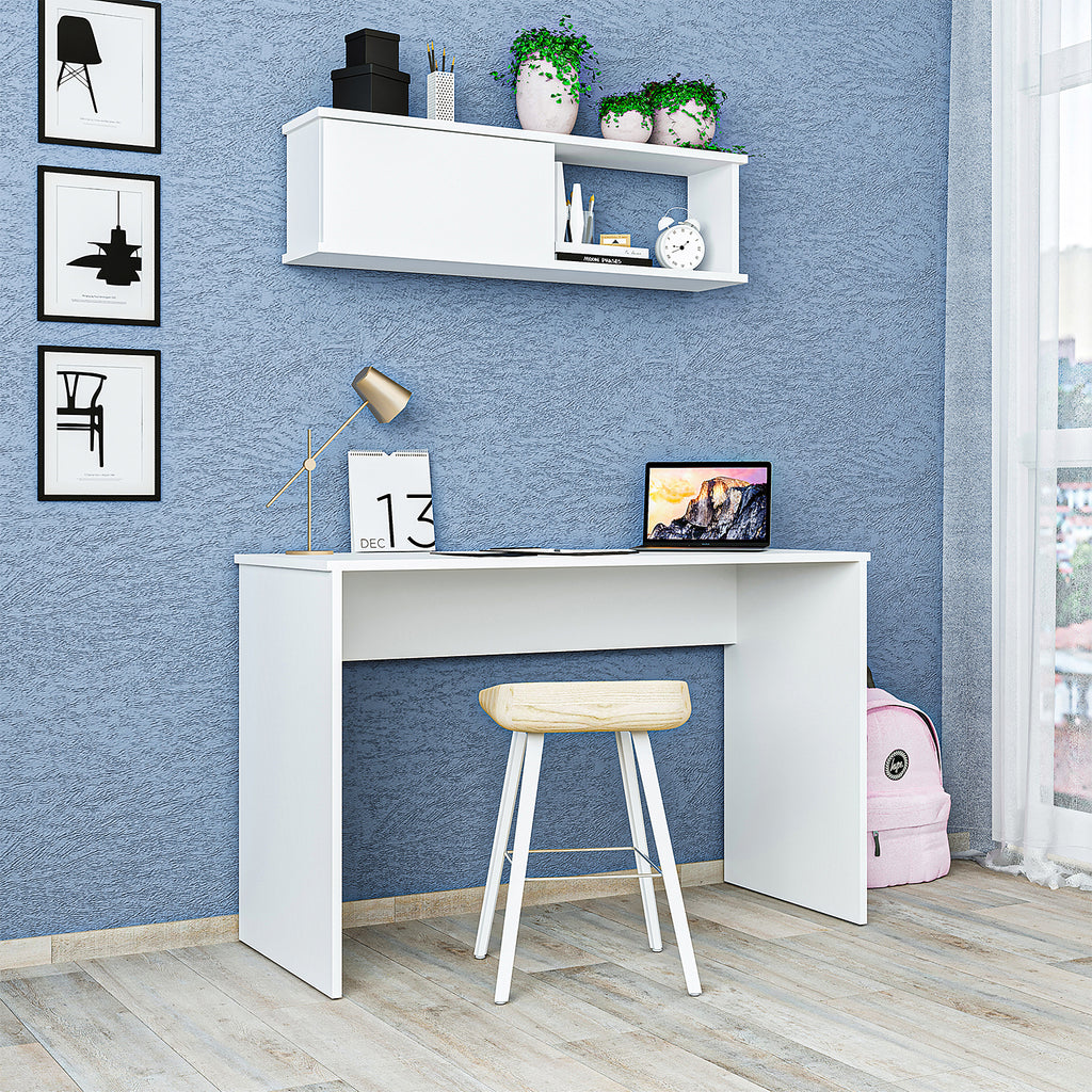Roomart SERA Schreibtisch 120x50x77 cm mit Wandmontierbarem Aufbewahrungsschrank – Regal-Schrankschreibtisch, Laptoptisch & Arbeitstisch – Weiß – Ideal für Kinderzimmer, Home-Office & Arbeitszimmer