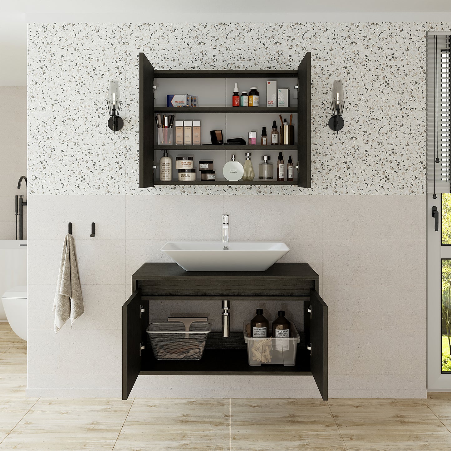 Roomart • Ensemble de meubles de salle de bain • ATLANTIC • 3 pièces • Meuble sous vasque 85 cm avec vasque en céramique • Meuble miroir