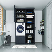 Roomart Schrankwand & Hochschrank Weiß Schwaz Eiche Badschrank Mehrzweckschrank- schrank, badezimmerschrank, waschmaschinenschrank, badschrank, badezimmermöbel, waschmaschinenregal, waschturm, hochschrank, bad, möbel, weiß, waschmaschinen, unterschrank, w