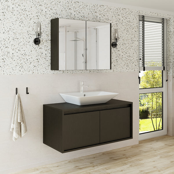Roomart Badmöbel Set ATLANTIC 3-teilig – 100 cm Unterschrank mit Keramikwaschbecken & 80 cm Spiegelschrank | Badezimmermöbel