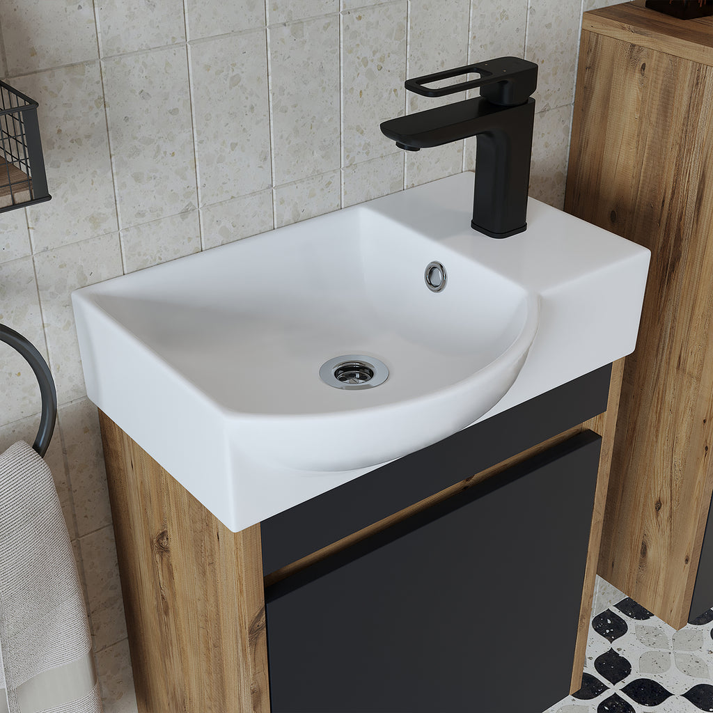 Roomart Waschtischunterschrank LEO mit Keramik-Waschbecken – Gäste-WC Badmöbel – Wasserhahn rechts