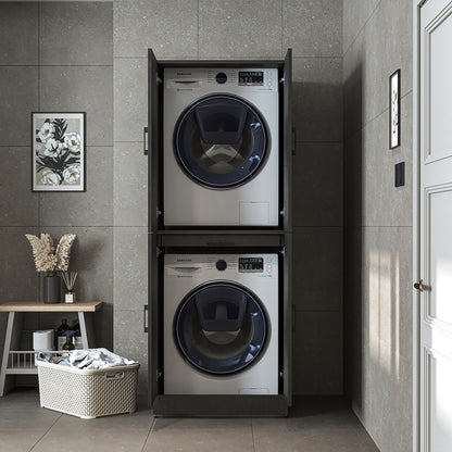 Roomart Waschmaschinenschrank SERIE DORA-I-  Waschmaschinen- & Trocknerschrank mit Türen & Ausziehbrett – Waschküchenschrank für Waschmaschine & Trockner – in 5 Farben • Weiß • Weiß-Eiche • Anthrazit-Eiche • Eiche • Schwarz-Eiche