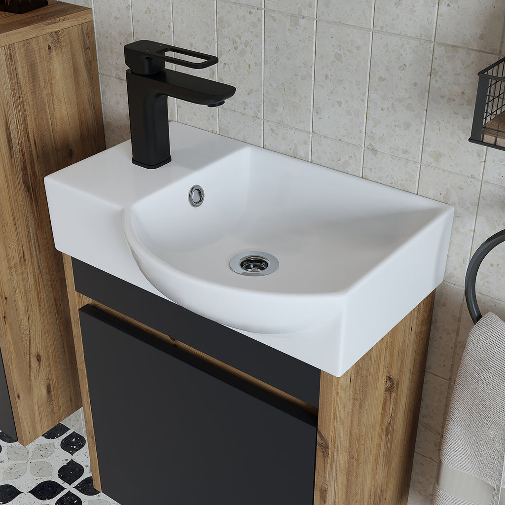 Roomart Waschtischunterschrank LEO mit Keramik-Waschbecken – Gäste-WC Badmöbel – Wasserhahn links
