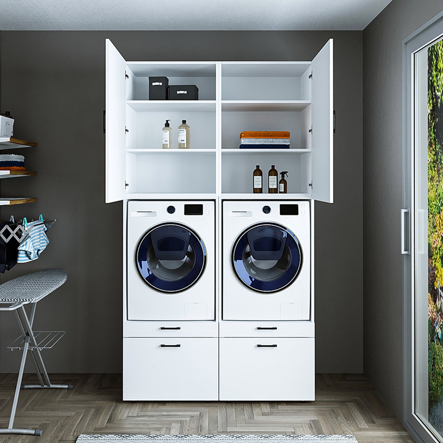 Roomart  Waschmachinen Doppelschrrank Überbauschrank (SERIE 2) - 2 Größenoptionen- HBT: 205 x 134 x 66,8 cm, HBT: 240 x 134 x 66,8 cm, in 3 Farben