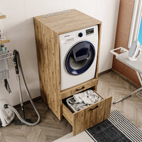 Roomart • Waschmachinenschrank für Hauswirtschaftsraum • HBT: 145x67x66,8 cm • Mit Schubladen und Ausziehbrett • Weiß • Schwarz eiche  • Eiche