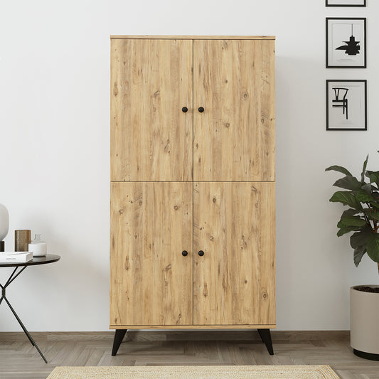 Roomart RETRA-02 Mehrzweckschrank / Bücherschrank mit Türen – 4 Fächer, 3 Regalböden – 165 x 85 x 37 cm (H x B x T) – Aufbewahrungsschrank für Wohnzimmer, Kinderzimmer oder Büro – Eiche