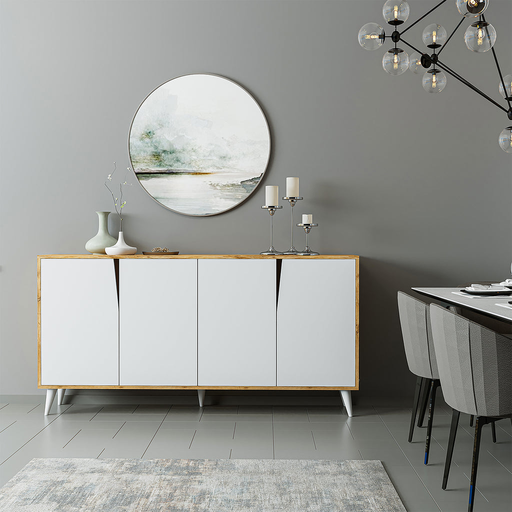 ROOMART Ospina Mehrzweckschrank in Weiß-Eiche– TV-Schrank, Esszimmerschrank & Aufbewahrungsschrank – 180 cm breit, 4 Fächer – Für Wohnzimmer, Esszimmer oder Kinderzimmer