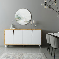 ROOMART Ospina Mehrzweckschrank in Weiß-Eiche– TV-Schrank, Esszimmerschrank & Aufbewahrungsschrank – 180 cm breit, 4 Fächer – Für Wohnzimmer, Esszimmer oder Kinderzimmer