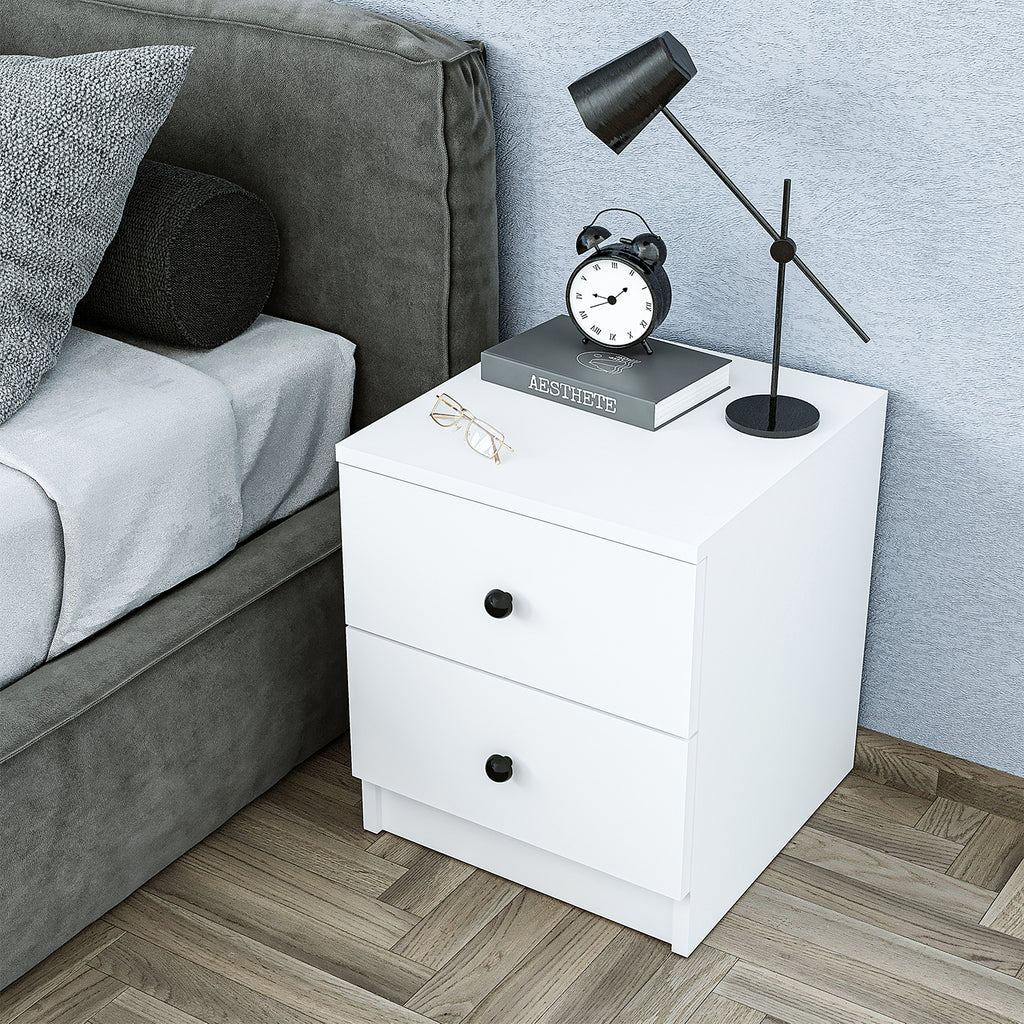Roomart Komo Beistelltisch mit 2 Schubladen – 40 cm breit, 46,8 cm hoch – Nachttisch & Aufbewahrungstisch für Wohnzimmer, Schlafzimmer oder Büro – Modernes Design- Weiß