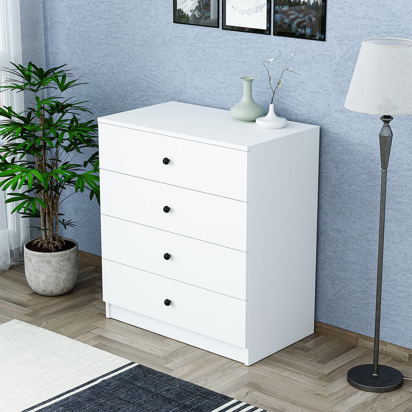 Roomart SIFO Mehrzweckschrank in Weiß – Schrank mit 4 Schubladen – Aufbewahrungsschrank für Wohnzimmer, Schlafzimmer, Esszimmer oder Büro – Modernes Design