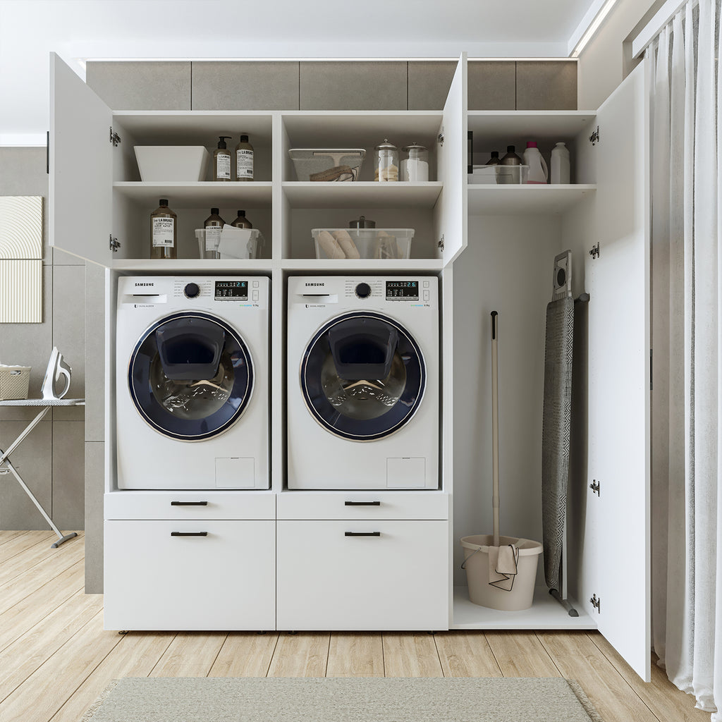 Roomart Waschmaschinenschrank Doppelschrank – SERIE 2 – 194 cm breit, Überbauschrank für Waschküche & Hauswirtschaftsraum – 205 cm hoch – mit Ausziehbrett & Schubladen – in 3 Farben