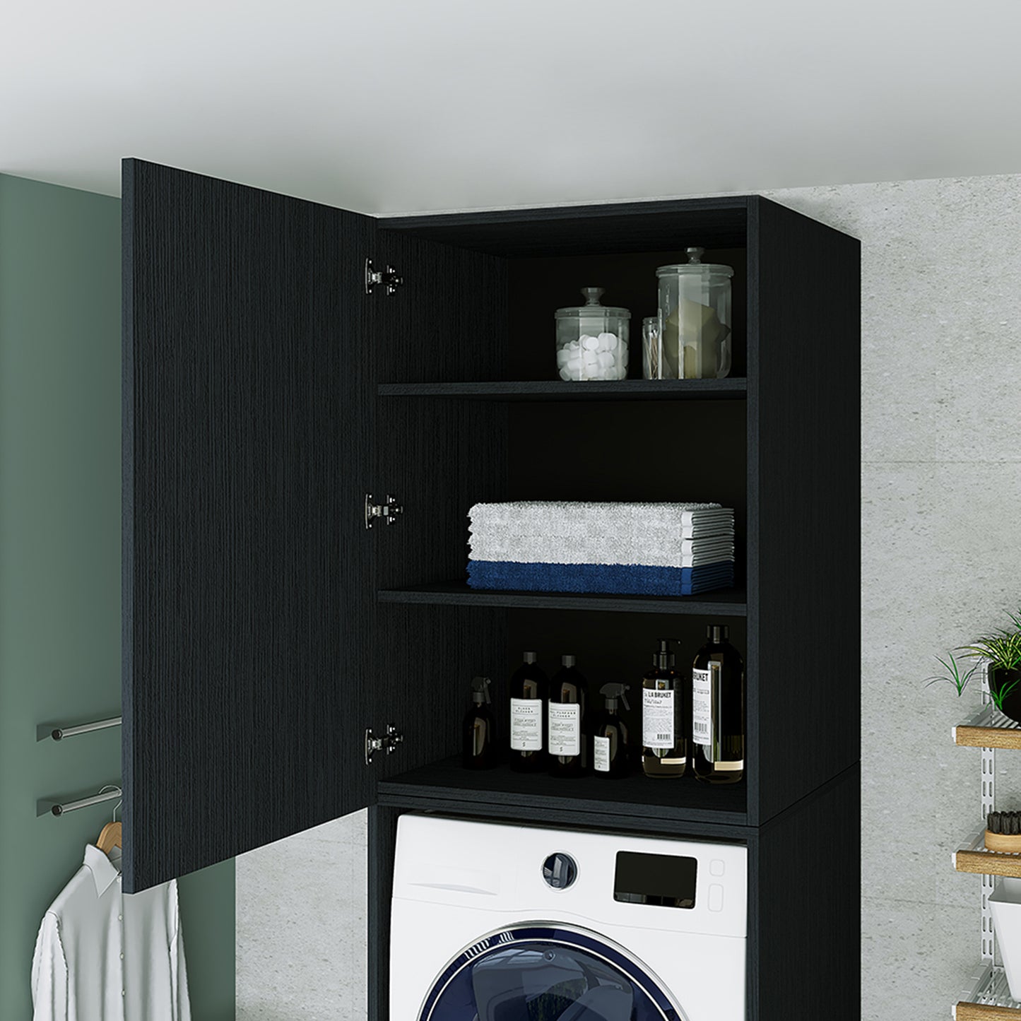 Roomart Waschmaschinenschrank mit Schrankaufsatz • mit Ausziehbrett • Weiß  • Schwarz eiche • Eiche