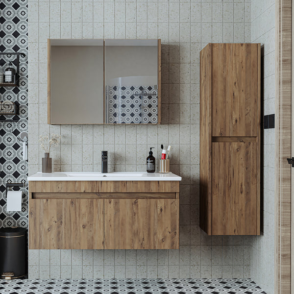 Roomart Badmöbel Set ATRIA 4-teilig | 100 cm Waschbeckenunterschrank mit Keramikwaschbecken, Spiegelschrank & Hochschrank | Badezimmermöbel in 4 Farben